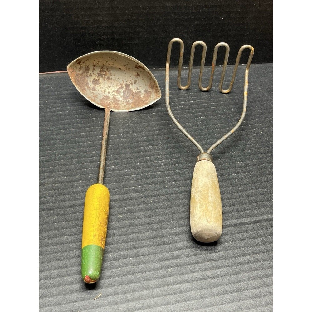 Vintage Mid-Century Modern Football Ladle & Potato Masher Wooden Handles Rustic